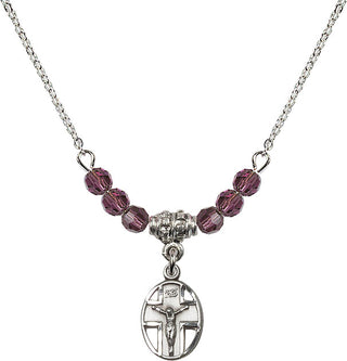 18" Rhodium Plated Necklace with 4mm Amethyst Crystal Beads featuring a Sterling Silver Crucifix Medal.