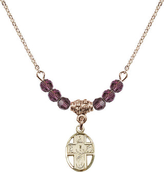 18" Hamilton Gold Plated Necklace with 4mm Amethyst Crystal Beads featuring a 14kt Gold Filled 5-Way / Chalice Medal.