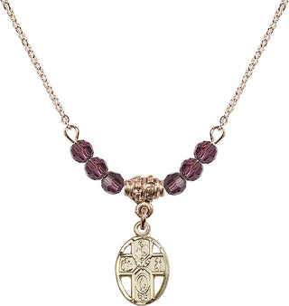 18" Hamilton Gold Plated Necklace with 4mm Amethyst Crystal Beads featuring a 14kt Gold Filled 5-Way Medal.