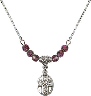 18" Rhodium Plated Necklace with 4mm Amethyst Crystal Beads featuring a Sterling Silver 5-Way Medal.
