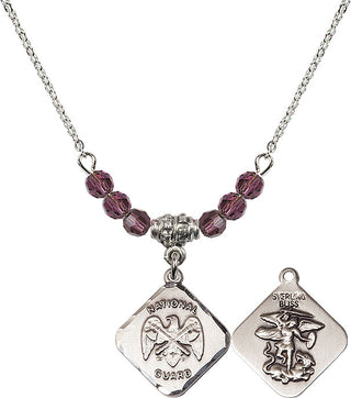 18" Rhodium Plated Necklace with 4mm Amethyst Crystal Beads featuring a Sterling Silver Nat'l Guard Diamond Medal.
