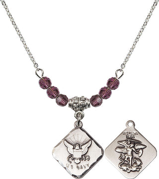 18" Rhodium Plated Necklace with 4mm Amethyst Crystal Beads featuring a Sterling Silver Navy Diamond Medal.