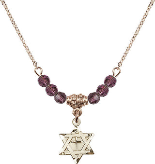 18" Hamilton Gold Plated Necklace with 4mm Amethyst Crystal Beads featuring a 14kt Gold Filled Star of David with Cross Medal.