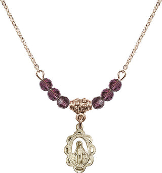 18" Hamilton Gold Plated Necklace with 4mm Amethyst Crystal Beads featuring a 14kt Gold Filled Miraculous Medal.
