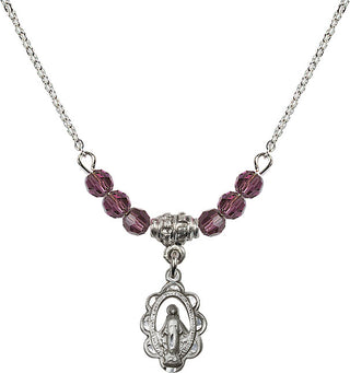 18" Rhodium Plated Necklace with 4mm Amethyst Crystal Beads featuring a Sterling Silver Miraculous Medal.