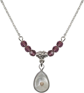 18" Rhodium Plated Necklace with 4mm Amethyst Crystal Beads featuring a Sterling Silver Mustard Seed Medal.