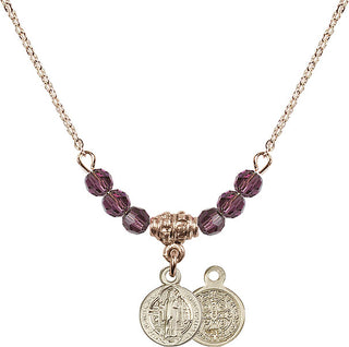 18" Hamilton Gold Plated Necklace with 4mm Amethyst Crystal Beads featuring a 14kt Gold Filled Saint Benedict Medal.