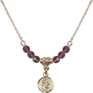 18" Hamilton Gold Plated Necklace with 4mm Amethyst Crystal Beads featuring a 14kt Gold Filled Saint Christopher Medal.