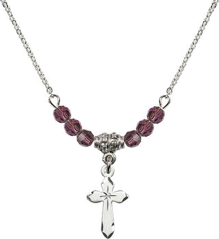 18" Rhodium Plated Necklace with 4mm Amethyst Crystal Beads featuring a Sterling Silver Cross Medal.