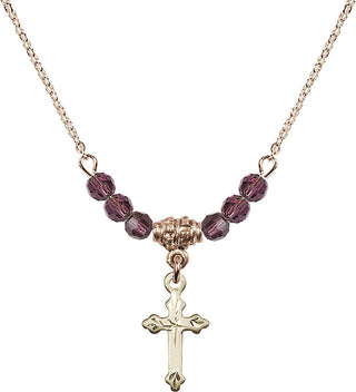 18" Hamilton Gold Plated Necklace with 4mm Amethyst Crystal Beads featuring a 14kt Gold Filled Cross Medal.