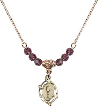 18" Hamilton Gold Plated Necklace with 4mm Amethyst Crystal Beads featuring a 14kt Gold Filled Communion Medal.