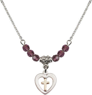 18" Rhodium Plated Necklace with 4mm Amethyst Crystal Beads featuring a Gold Filled / Sterling Silver Heart / Cross Medal.