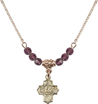 18" Hamilton Gold Plated Necklace with 4mm Amethyst Crystal Beads featuring a 14kt Gold Filled 5-Way Medal.