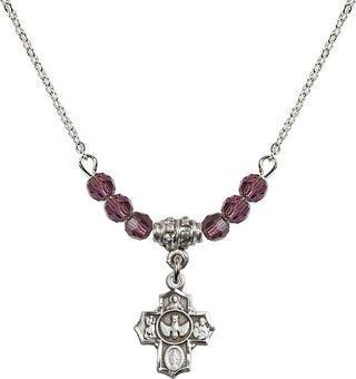 18" Rhodium Plated Necklace with 4mm Amethyst Crystal Beads featuring a Sterling Silver 5-Way Medal.