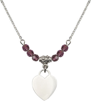 18" Rhodium Plated Necklace with 4mm Amethyst Crystal Beads featuring a Sterling Silver Heart Medal. Engraved Catholic Saint Jewelry