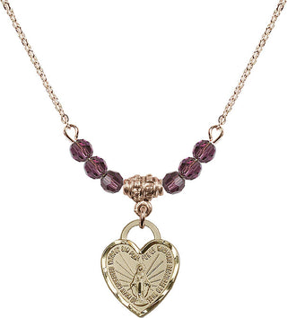 18" Hamilton Gold Plated Necklace with 4mm Amethyst Crystal Beads featuring a 14kt Gold Filled Miraculous Heart Medal. Engraved Catholic Saint Jewelry