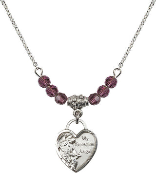 18" Rhodium Plated Necklace with 4mm Amethyst Crystal Beads featuring a Sterling Silver Guardian Angel Heart Medal. Engraved Catholic Saint Jewelry