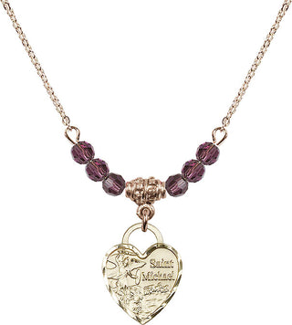 18" Hamilton Gold Plated Necklace with 4mm Amethyst Crystal Beads featuring a 14kt Gold Filled Saint Michael Heart Medal. Engraved Catholic Saint Jewelry
