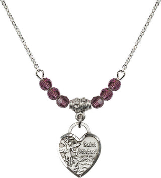 18" Rhodium Plated Necklace with 4mm Amethyst Crystal Beads featuring a Sterling Silver Saint Michael Heart Medal. Engraved Catholic Saint Jewelry