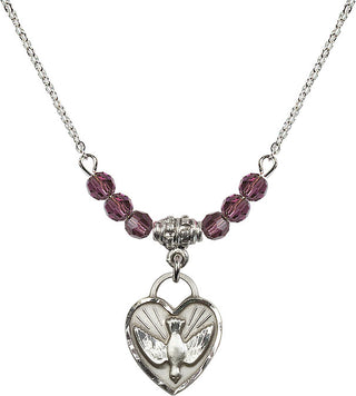 18" Rhodium Plated Necklace with 4mm Amethyst Crystal Beads featuring a Sterling Silver Confirmation Heart Medal. Engraved Catholic Saint Jewelry