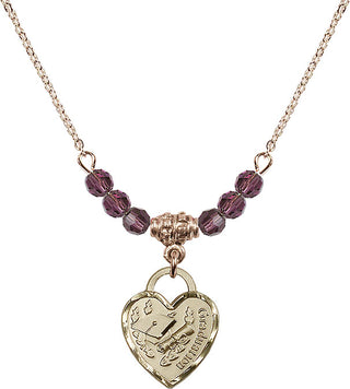 18" Hamilton Gold Plated Necklace with 4mm Amethyst Crystal Beads featuring a 14kt Gold Filled Graduation Heart Medal. Engraved Catholic Saint Jewelry