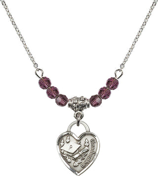 18" Rhodium Plated Necklace with 4mm Amethyst Crystal Beads featuring a Sterling Silver Graduation Heart Medal. Engraved Catholic Saint Jewelry
