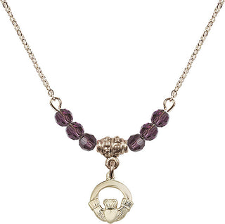 18" Hamilton Gold Plated Necklace with 4mm Amethyst Crystal Beads featuring a 14kt Gold Filled Claddagh Medal.