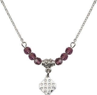 18" Rhodium Plated Necklace with 4mm Amethyst Crystal Beads featuring a Sterling Silver Jerusalem Cross Medal.