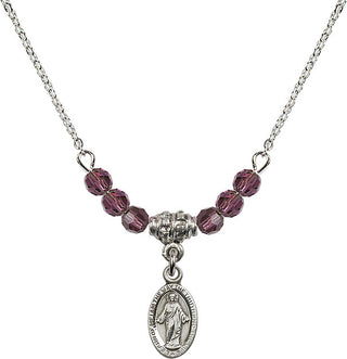 18" Rhodium Plated Necklace with 4mm Amethyst Crystal Beads featuring a Sterling Silver Scapular Medal.
