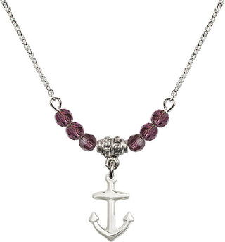 18" Rhodium Plated Necklace with 4mm Amethyst Crystal Beads featuring a Sterling Silver Anchor Medal.