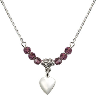 18" Rhodium Plated Necklace with 4mm Amethyst Crystal Beads featuring a Sterling Silver Heart Medal.