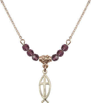 18" Hamilton Gold Plated Necklace with 4mm Amethyst Crystal Beads featuring a 14kt Gold Filled Fish / Cross Medal.