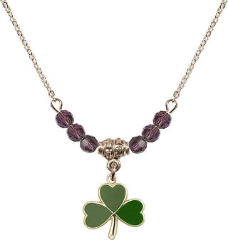 18" Hamilton Gold Plated Necklace with 4mm Amethyst Crystal Beads featuring a 14kt Gold Filled Shamrock Medal.