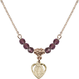18" Hamilton Gold Plated Necklace with 4mm Amethyst Crystal Beads featuring a 14kt Gold Filled Miraculous Medal.