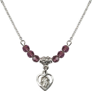 18" Rhodium Plated Necklace with 4mm Amethyst Crystal Beads featuring a Sterling Silver Guardian Angel Medal. Engraved Catholic Saint Jewelry