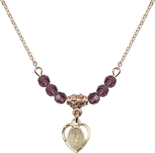 18" Hamilton Gold Plated Necklace with 4mm Amethyst Crystal Beads featuring a 14kt Gold Filled Our Lady of Guadalupe Medal.