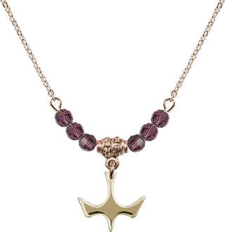 18" Hamilton Gold Plated Necklace with 4mm Amethyst Crystal Beads featuring a 14kt Gold Filled Holy Spirit Medal.
