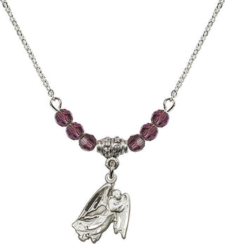 18" Rhodium Plated Necklace with 4mm Amethyst Crystal Beads featuring a Sterling Silver Guardian Angel Medal.