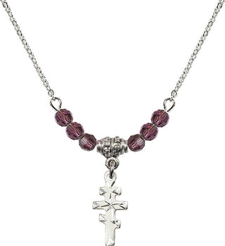 18" Rhodium Plated Necklace with 4mm Amethyst Crystal Beads featuring a Sterling Silver Greek Orthadox Cross Medal.