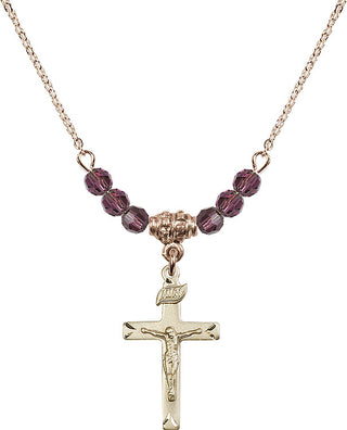 18" Hamilton Gold Plated Necklace with 4mm Amethyst Crystal Beads featuring a 14kt Gold Filled Crucifix Medal.