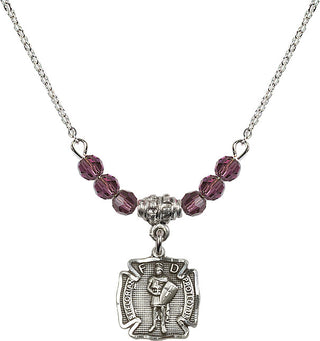 18" Rhodium Plated Necklace with 4mm Amethyst Crystal Beads featuring a Sterling Silver Saint Florian Medal. Engraved Catholic Saint Jewelry