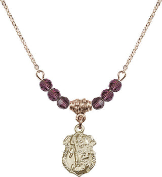 18" Hamilton Gold Plated Necklace with 4mm Amethyst Crystal Beads featuring a 14kt Gold Filled Saint Michael the Archangel Medal. Engraved Catholic Saint Jewelry