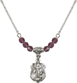 18" Rhodium Plated Necklace with 4mm Amethyst Crystal Beads featuring a Sterling Silver Saint Michael the Archangel Medal. Engraved Catholic Saint Jewelry