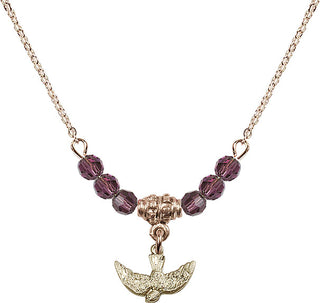 18" Hamilton Gold Plated Necklace with 4mm Amethyst Crystal Beads featuring a 14kt Gold Filled Holy Spirit Medal.