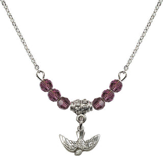 18" Rhodium Plated Necklace with 4mm Amethyst Crystal Beads featuring a Sterling Silver Holy Spirit Medal.