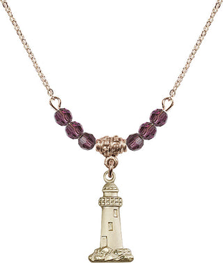 18" Hamilton Gold Plated Necklace with 4mm Amethyst Crystal Beads featuring a 14kt Gold Filled Lighthouse Medal.