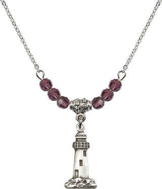 18" Rhodium Plated Necklace with 4mm Amethyst Crystal Beads featuring a Sterling Silver Lighthouse Medal.