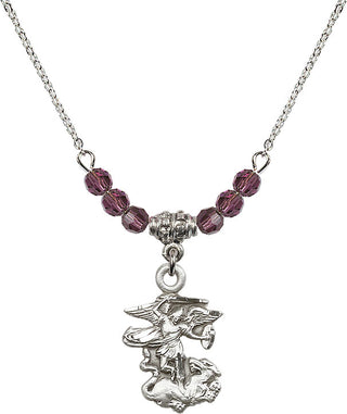 18" Rhodium Plated Necklace with 4mm Amethyst Crystal Beads featuring a Sterling Silver Saint Michael the Archangel Medal.