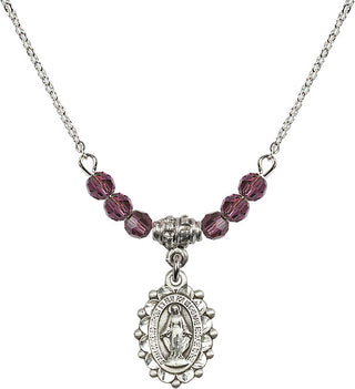 18" Rhodium Plated Necklace with 4mm Amethyst Crystal Beads featuring a Sterling Silver Miraculous Medal.
