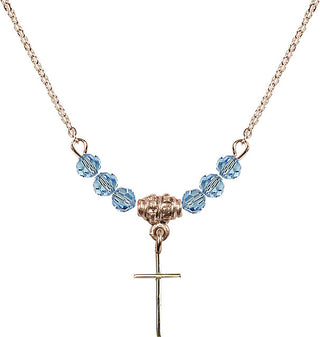 18" Hamilton Gold Plated Necklace with 4mm Aqua Crystal Beads featuring a 14kt Gold Filled Cross Medal.